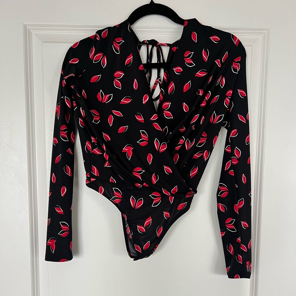 Black Bodysuit with Red Leaf Print